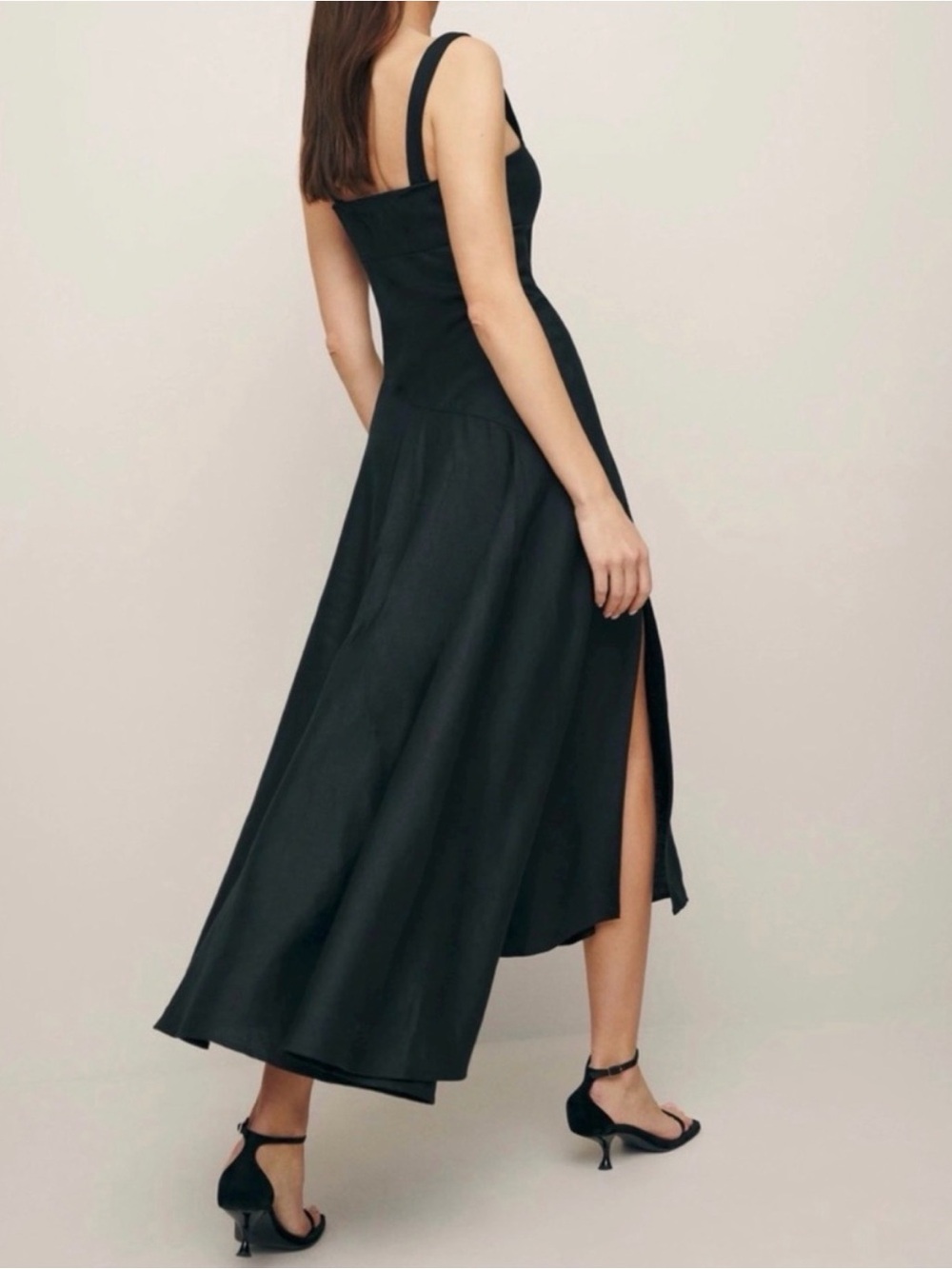 Bekki Linen Dress | Reformation Black High-Low Slip Dress with Side Slit - Picture 4 of 10